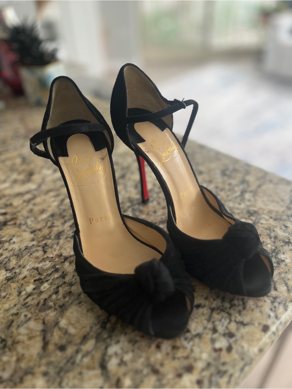 Christian Louboutin Black Suede Peep-Toe Knot Heels with Ankle Strap
